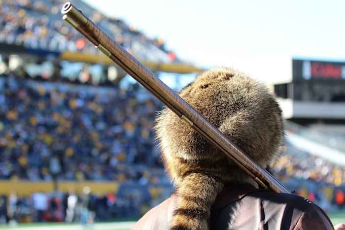 West Virginia University Mascot Tim Eades looking over Mountaineer Field.
